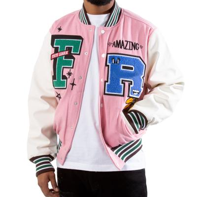 China OEM Virgin Wool Patch School Baseball Jacket Mens Reversible Custom Logo Leather Sleeve Letterman Pink Varsity Jacket For Men for sale