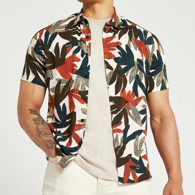 China OEM Custom 100% Viscose Vacation Beach Shirt Anti-pilling Collar Neck Button Tie Up Casual Shirt Men's Stone Leaf Printing Short Sleeve Shirt Men for sale