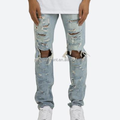 China OEM Breathable High Quality Fashion High Street Damaged Cotton Blue White Ripped Jeans For Men for sale