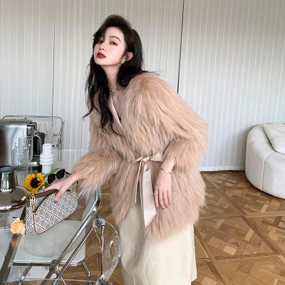 China Female Knitted Raccoon Fur Coat Real Raccoon Fur Jacket Winter Custom Made Mid Length High Quality Fashionable Warm Coat for sale