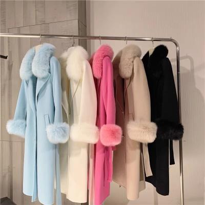 China Real Winter Women Warm Popular Fashionable Wool Long With Fox Fur Coat Lady Genuine Fur Jacket Coat Merino Wool Fur Coat for sale