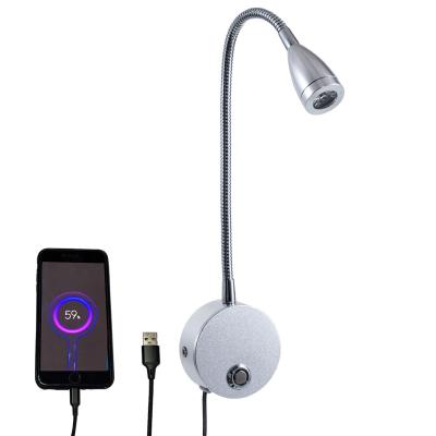 China Modern Wall Lamp Led Lamp 3W Tempered Bright Three-color USB Fast Charging Port For Hotel Bedroom Night Reading for sale