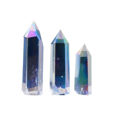 China Natural Clad Hexagonal Simple Pointed Energy Stone Of Europe Rainbow White Crystal Column for sale