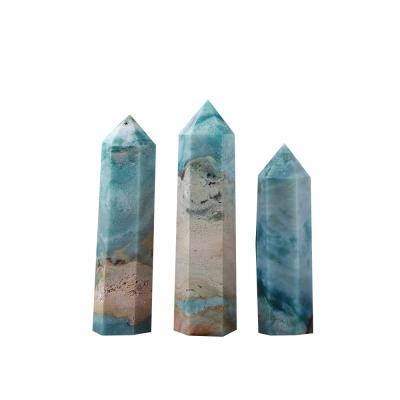 China Europe natural crystal simple pointed stone wand polished ocean jasper stick hexagonal magic ornament for sale