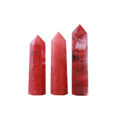 China Europe Artificial Crystal Column Single Crystal Wand Red Cast Hexagonal Polished Crystal Crafts for sale