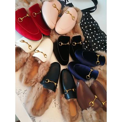 China 2021 fashion trend superstar open heel shoe rabbit fur runway classic outside flat slipper metal with fashion winter slippers warm handmade shoes for sale