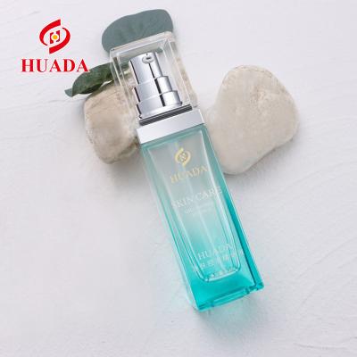 China Wholesale Cosmetic Skin Care Lotion Essence Bottle Plate And Transparency Cap Cosmetics Set Series Toner Glass Square Bottles for sale