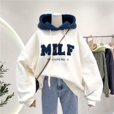 China FB Anti-wrinkle Letter Lamb Wind Sweater Oversized Hair and Velvet Stitching Hooded Sweatshirts Women's Hoodies for sale