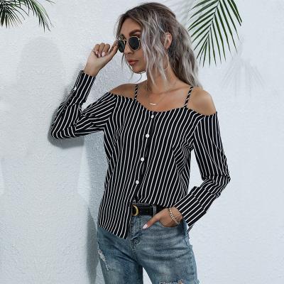 China Anti-wrinkle long sleeve striped blouse top casual women's chiffon halter shirts off-the-shoulder for sale