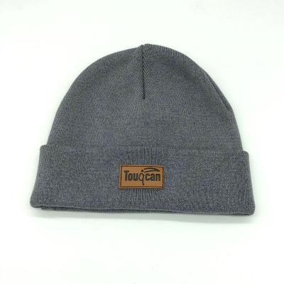 China JOINT Custom Beanies Hat With Leather Patch Recycled Cuff Winter Beanie Hat for sale