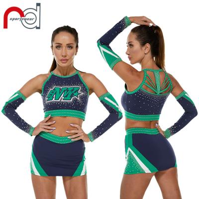 China Wholesale Customized Polyester+Rhinestones Cheer and Spandex ab dance all along star sleeve cheerleading uniform for sale