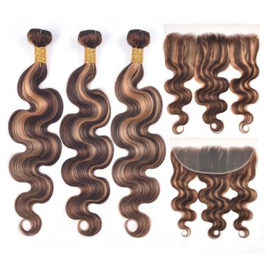 China Curly Ombre P4/27 Brown Brazilian Curly Body Wave Hair Weave Bundles With 13x4 Lace Frontal Weft For Black Women Hair Extensions for sale