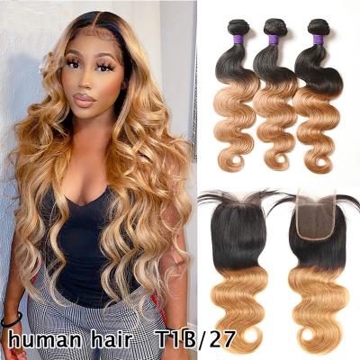 China Brazilian Curly Ombre T1b/27 Brown 10A Body Wave Hair Weave Bundles With 4x4 Lace Up Closure For Black Women Hair Extensions for sale