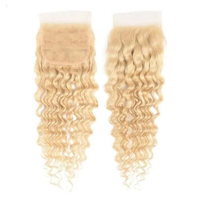 China Straight 613 Blonde Brazilian Deep Wave Human Hair 4x4 Lace Closure With Baby Hair Natural Hairline 613 4x4 Top Swiss Lace Closure for sale