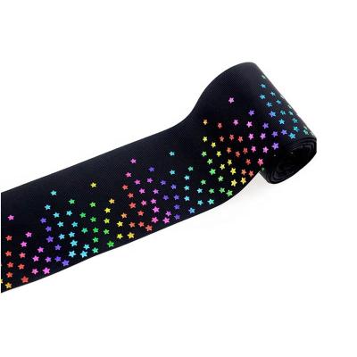 China Eco - Friendly Holographic Foil Rainbow Stars Printed Black Grosgrain Ribbon 75mm for sale