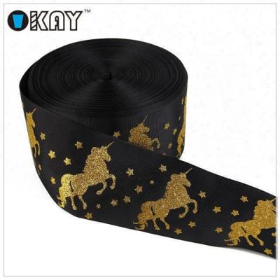 China Recyled 75mm Wide Black Grosgrain Ribbon Glitter Unicorn Printed for sale