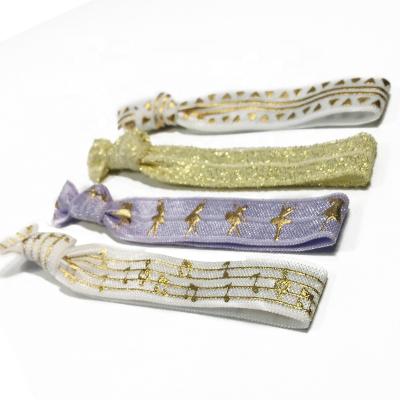 China Eco - Friendly Gold Foil Logo Elastic Hair Band Ribbon Custom Hair Ties for sale