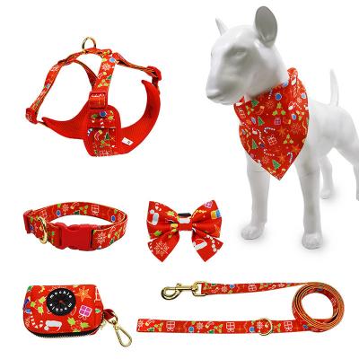 China Durable Neoprene Six-Piece Dog Leash Chest Harness Set Festive Christmas Pattern Chest Harness Dog Leash for sale