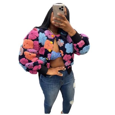 China Z2650-Autumn News Breathable 3D Flower Bubble Plush Sleeve Short Warm Cardigan Women Top Coat for sale