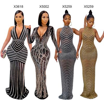 China X5002-Wholesale Long Sleeve V Neck Breathable Black Rhinestone Dress Women Maxi Party Dresses for sale