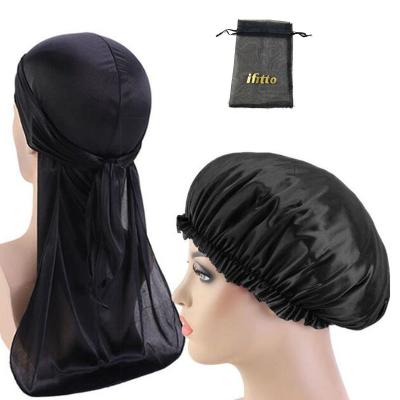 China 2020 black custom family fashion satin logo light matching silk bonnets and rags set in bag for sale