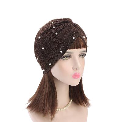 China 2020 New Whole Sale Glitter Head Wrap Hat Checked Turban Hat With Beads For Muslim Women Ladies for sale