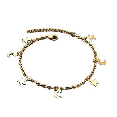 China Cute 14k Gold Stainless Steel Anklet With Star Moon Women Stainless Steel Bracelet Dangling Anklet Chain for sale