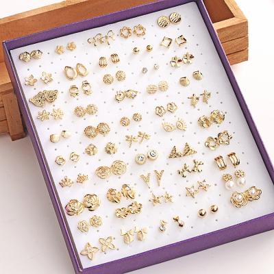 China Wholesale vintage is fashion hollow diamond anti allergy earrings, Korean version mixed 50 pairs of gold plated set boxed earrings for sale