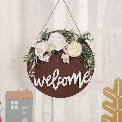 China DREA Custom high order simulation Front Door Wooden Hanging Sign artificial flowers weave welcome signs for Front Porch for sale