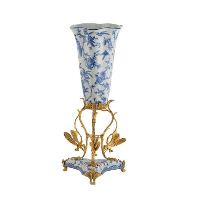 China Art Deco Ceramic Vase Chinese Style Blue Flower Glaze Ornate Retro Ornamental Vase With Stand Decoration Desktop Wholesale for sale