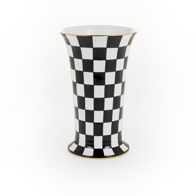 China Art Deco Modern Nordic Glazed Color Clay Plaid Ceramic Vases Black And White Pattern Wedding Decoration For Home Decor for sale