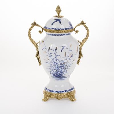 China Traditional Unique Luxury Yellow Painted Brass Ceramic Bronze Porcelain Flower Decor Jardiniere To Vase Home Copper Statuary Bottle Two Model for sale