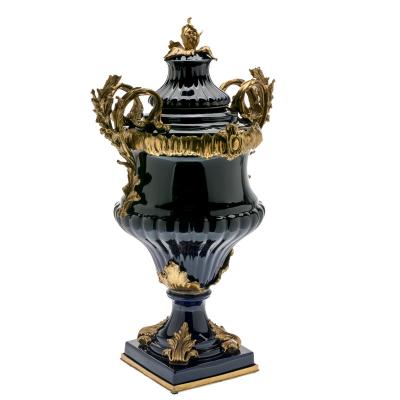 China Wholesale Luxury Tall Black Feng Shui Color Brass Award Cup Crafts With Gold Handle Chinese Ceramic Vases Wedding Table Decoration for sale