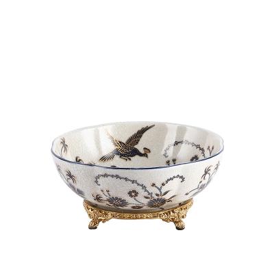 China Folk Art Peacock Marble Design Round Shape Fruit Bowl Disposable Ceramic Plating Fruit Fruits Ceramic Bowl In Stock for sale