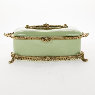 China Luxury Wholesale Price Country Wedding Ceramic Napkin Holder Green Fancy Copper Ceramic Tissue Box for sale