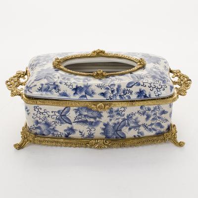 China Antique Chinese Glazed Ceramic Flower Blue And White Simple Style Tissue Desktop Copper Box for sale