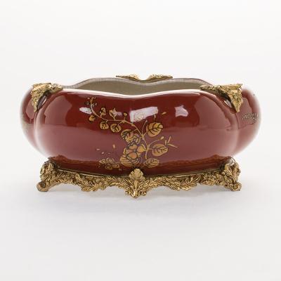 China American Style Japandi Design Dinnerware Customized Porcelain Painted Flower Round Red With Copper Decoration Ceramic Ashtray for sale