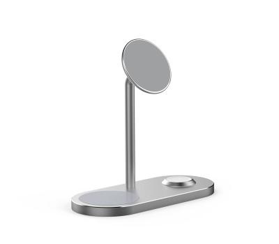 China OEM Logo Aluminum Fast Quick IQ Magnet Fast Charging Cell Phone Stand 15W Zinc Alloy 3 in 1 Magnetic Wireless Charger Cargador Inalambrico for sale