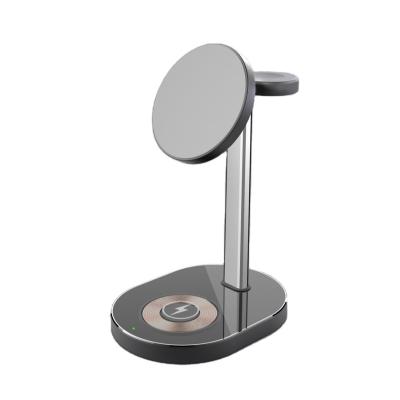 China Wireless Fast Charging OEM Cool Stainless Steel Phone Holder Cargadores Inalambricos Tempered Glass 15W Qi Fast Magnet 3 Magnetic in 1 Wireless Charger for sale