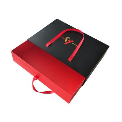 China Customized Handmade Logo Black Ribbon Handle Luxury Paper Drawer Boxes Slip Box For Clothes Packing for sale