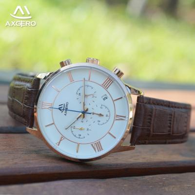 China Cheap movt custom logo chronograph chronograph genuine leather quartz watches for men for sale