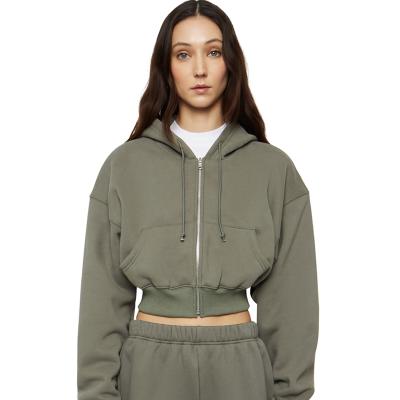 China Anti-Wrinkle 80% Cotton 20% Light Green Polyester Cropped New Two Piece Short Women Fashion 2 Part Hoodie Sweatshirt And Pants Set for sale