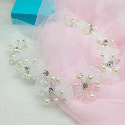 China Wedding High Quality Bridal Tiara Bow Gauze Pearl Ribbon Diamond Handmade Headband For Wholesale for sale