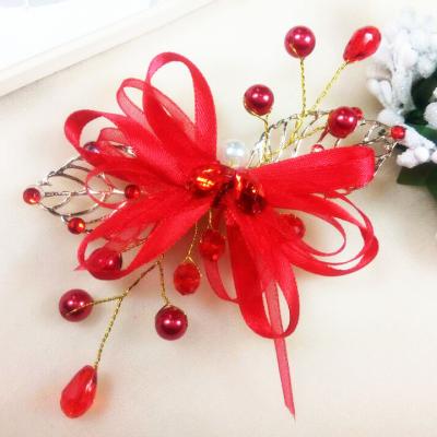 China Hot sale korean red handmade beaded red wedding party bridal hair cilp headdress for wholesale for sale