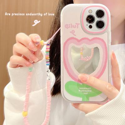 China Customized Logo Tulip Flower Phone Back Cover Mirror Anti-drop Shockproof Protective Phone Case With Chain For iphone 14 for sale