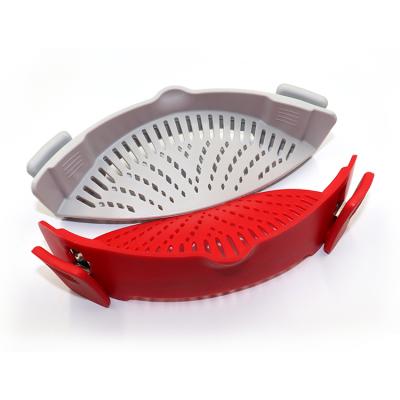 China Sustainable Silicone Fits All Pots And Rolls Pot Clip On Strainer For Meat Vegetables Fruit Silicone Kitchen Colander for sale