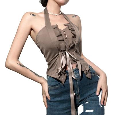 China Breathable Women 2022 Black Slim Sexy Backless Sleeveless V Neck Vest Top/Khaki/Blue Camis Tops for sale