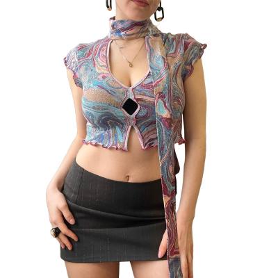 China Printing Printingtt-2022 Summer Women's Fashion Cutoutvcollar Sexy Bare Belly Slim Fit Shirt for sale