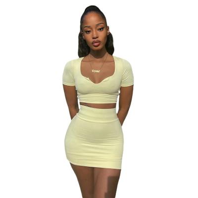 China Good quality summer round neck short sleeve hot sale skinny crop printing tops sexy skirt suit for sale