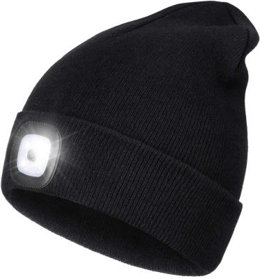 China COMMON Unisex USB Rechargeable Hands Free 4 LED Headlight Hat Winter Knitted Night Lit LED Beanie Hat Flashlight With Light for sale